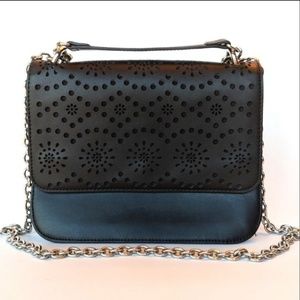 Chelsea28 Crossbody Purse Chain Strap Flap Bag Perforated Design Black Silver